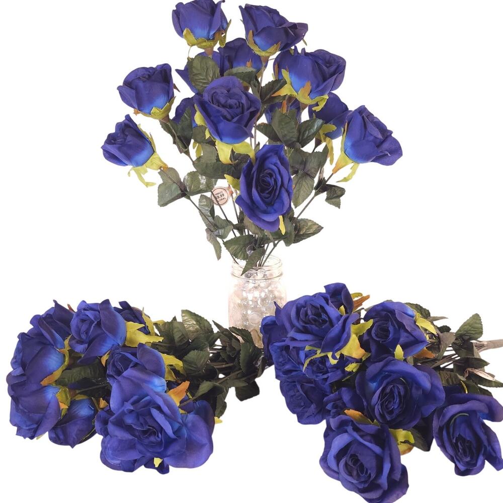 Royal Blue Silk 2.5" Rose Flowers 42 Blooms 17" Bushes Floral Decor Lot of 3